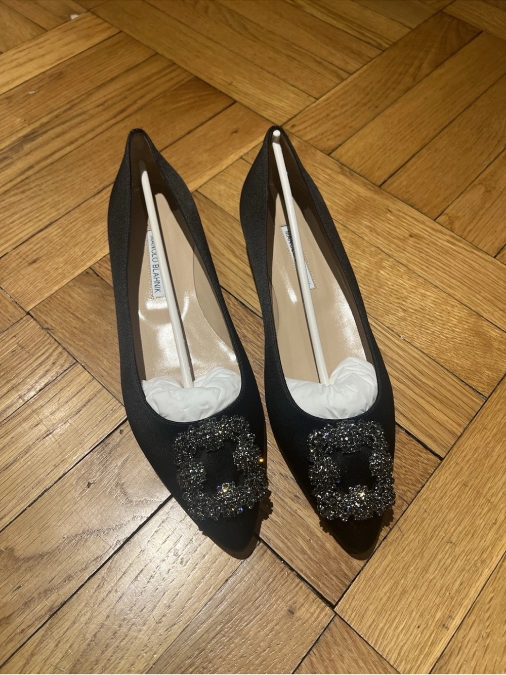 New Manolo Blahnik Hangisi Embellished Black Satin Flats 40